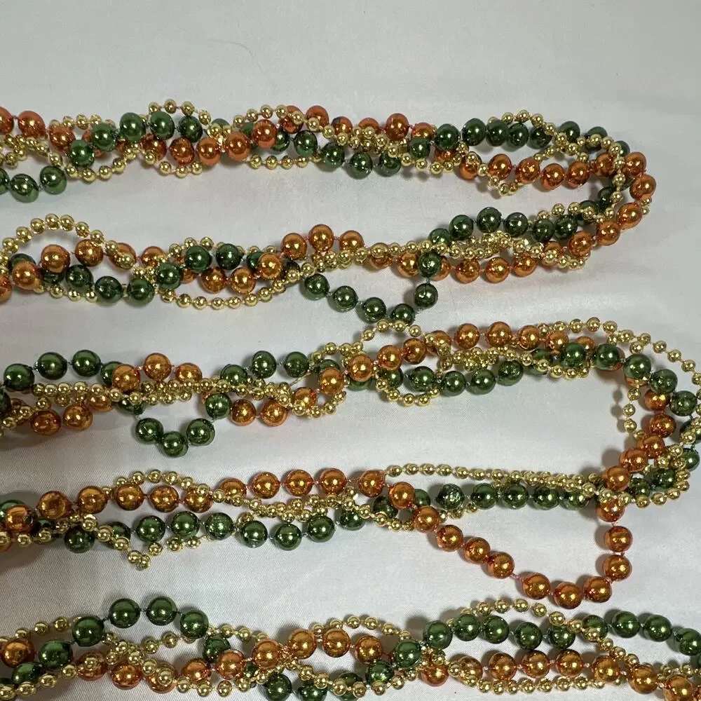 Vintage Faux Plastic Beaded Garland Green Gold Orange Holiday Strand Almost 9 ft